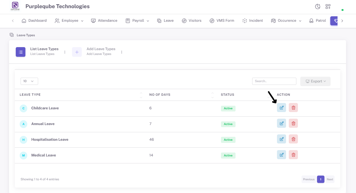 Edit icon highlighted in the Action column of a leave type record